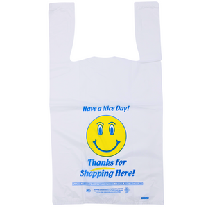 White Happy Face/Smiley Face HDPE T-Shirt Bags - 1/6 BBL 11.5"X6"X21" - 500 Bags - 18 microns - White - 16HFACE0516 - AssurePak