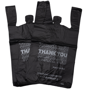 Black Printed HDPE T-Shirt Bags - 1/6 BBL 11.5"X6"X21" - 800 Bags - 13 microns - Black - 208015STY - AssurePak