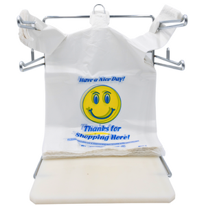 White Happy Face/Smiley Face HDPE T-Shirt Bags - 1/6 BBL 11.5"X6"X21" - 500 Bags - 18 microns - White - 16HFACE0516 - AssurePak