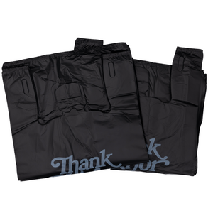Black Printed HDPE T-Shirt Bags - 1/5 BBL 13"X10"X23" - 400 Bags - 21 microns - Black - BLK131023HDTY - AssurePak