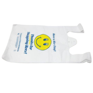 White Happy Face/Smiley Face HDPE T-Shirt Bags - 1/8 BBL 10"X5"X18" - 1000 Bags - 13 microns - White - 1002218 - AssurePak