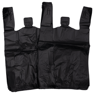 Black Unprinted HDPE T-Shirt Bags - 1/8 BBL 10"X5"X18" - 750 Bags - 16 microns - Black - 2007530 - AssurePak