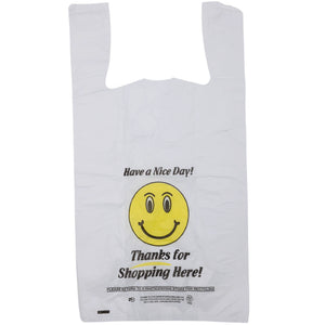 ASSUREPAK INC. - Easy Open - White Happy Face/Smiley Face HDPE T-Shirt Bags - Full Size - 1/6 BBL 12"X7"X22" - 400 Bags - 15 microns - White - HF1272215M-EO