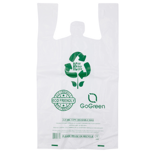 White Reusable/Eco-Friendly LDPE T-Shirt - 1/6 BBL 12"X7"X22" - 150 Bags - 57 Micron (2.25 mil) - White - WHLD40REC225REU12722 - AssurePak