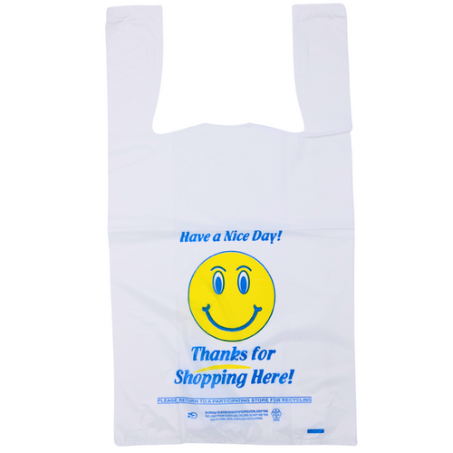 White Happy Face/Smiley Face HDPE T-Shirt Bags - 1/6 BBL 11.5