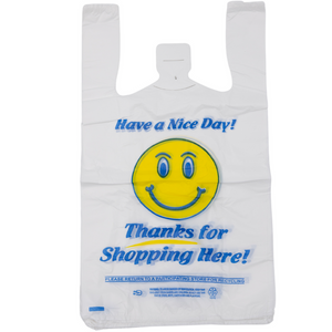 White Happy Face/Smiley Face HDPE T-Shirt Bags - 1/8 BBL 10"X5"X18" - 700 Bags - 16 microns - White - 10022HF - AssurePak