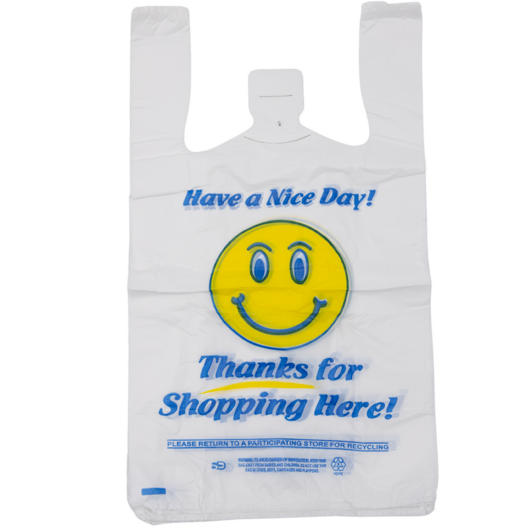 White Happy Face/Smiley Face HDPE T-Shirt Bags - 1/8 BBL 10