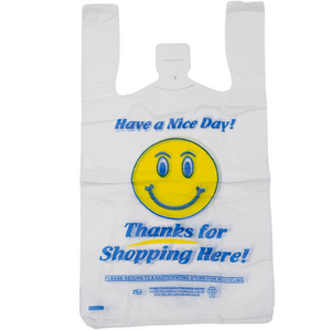 ASSUREPAK INC. - Easy Open - White Happy Face/Smiley Face HDPE T-Shirt Bags - 1/8 BBL 10"X5"X18" - 700 Bags - 16 microns - White - 10022HF-EO