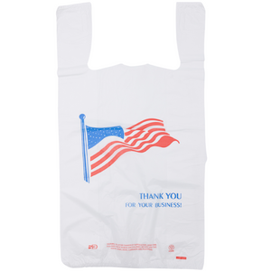 White Usa/American Flag Print HDPE T-Shirt Bags - 1/6 BBL 11.5"X6"X21" - 500 Bags - 18 microns - White - USA18M50016 - AssurePak