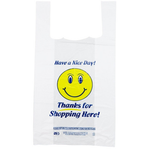 Easy Open - White Happy Face/Smiley Face HDPE T-Shirt Bags - 1/8 BBL 10"X5"X18" - 1000 Bags - 13 microns - White - 1002218-EO - AssurePak