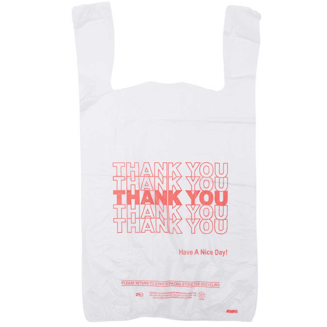 White 'Thank You' HDPE T-Shirt Bags - 1/6 BBL 11.5