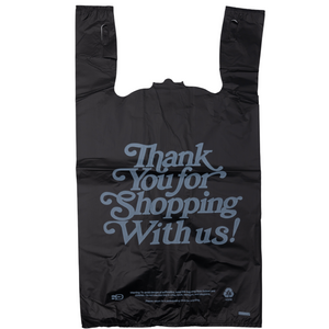 Black Printed HDPE T-Shirt Bags - 1/5 BBL 13"X10"X23" - 400 Bags - 21 microns - Black - BLK131023HDTY - AssurePak