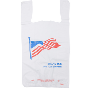 Easy Open - White Usa/American Flag Print HDPE T-Shirt Bags - 1/6 BBL 11.5"X6"X21" - 1000 Bags - 13 microns - White - USA13M100016-EO - AssurePak