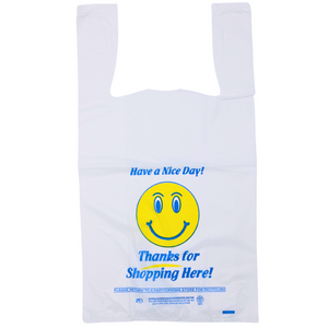 Easy Open - White Happy Face/Smiley Face HDPE T-Shirt Bags - 1/6 BBL 11.5"X6"X21" - 500 Bags - 18 microns - White - 16HFACE0516-EO - AssurePak