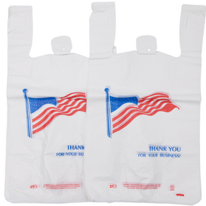 White Usa/American Flag Print HDPE T-Shirt Bags - 1/6 BBL 11.5"X6"X21" - 1000 Bags - 13 microns - White - USA13M100016 - AssurePak