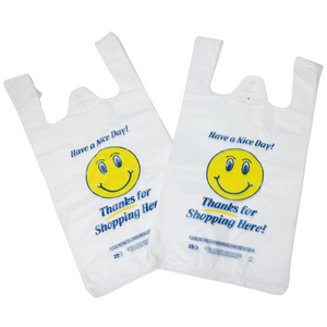 Easy Open - White Happy Face/Smiley Face HDPE T-Shirt Bags - 1/8 BBL 10"X5"X18" - 1000 Bags - 13 microns - White - 1002218-EO - AssurePak