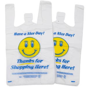 ASSUREPAK INC. - Easy Open - White Happy Face/Smiley Face HDPE T-Shirt Bags - 1/8 BBL 10"X5"X18" - 700 Bags - 16 microns - White - 10022HF-EO