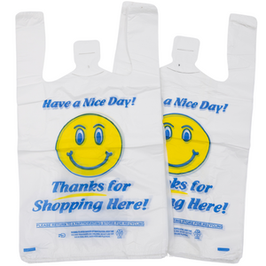 Easy Open - White Happy Face/Smiley Face HDPE T-Shirt Bags - 1/8 BBL 10"X5"X18" - 700 Bags - 16 microns - White - 10022HF-EO - AssurePak