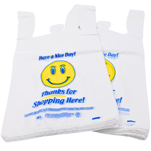 ASSUREPAK INC. - Easy Open - White Happy Face/Smiley Face HDPE T-Shirt Bags - 1/6 BBL 11.5"X6"X21" - 500 Bags - 18 microns - White - 16HFACE0516-EO