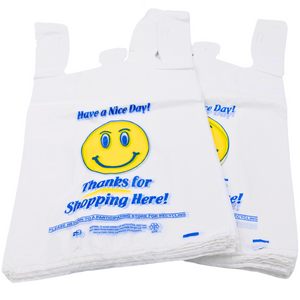 Easy Open - White Happy Face/Smiley Face HDPE T-Shirt Bags - 1/6 BBL 11.5"X6"X21" - 500 Bags - 18 microns - White - 16HFACE0516-EO - AssurePak