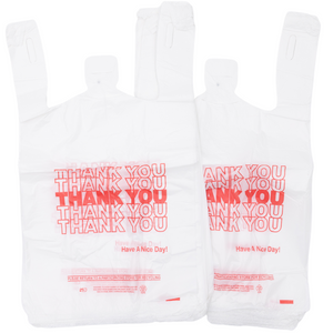 White 'Thank You' HDPE T-Shirt Bags - 1/8 BBL 10"X5"X18" - 1000 Bags - 13 microns - White - 10020 - AssurePak