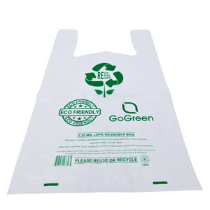 White Reusable/Eco-Friendly LDPE T-Shirt - 1/5 BBL 13"X9"X23" - 150 Bags - 57 Micron (2.25 mil) - White - WHLD40REC225REUSE1323 - AssurePak