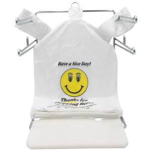 ASSUREPAK INC. - Easy Open - White Happy Face/Smiley Face HDPE T-Shirt Bags - Full Size - 1/6 BBL 12"X7"X22" - 400 Bags - 15 microns - White - HF1272215M-EO