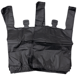 Black Unprinted HDPE T-Shirt Bags - 1/10 BBL 8"X4"X15" - 1500 Bags - 14 microns - Black - 20040 - AssurePak