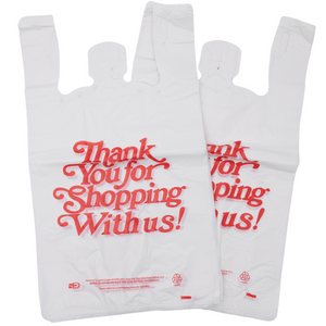 Easy Open - White 'Thank You' HDPE T-Shirt Bags - 1/5 BBL 13"X8"X23" - 500 Bags - 17 microns - White - 13823TYHDR-EO - AssurePak