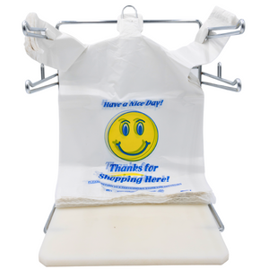 Easy Open - White Happy Face/Smiley Face HDPE T-Shirt Bags - 1/6 BBL 11.5"X6"X21" - 500 Bags - 18 microns - White - 16HFACE0516-EO - AssurePak