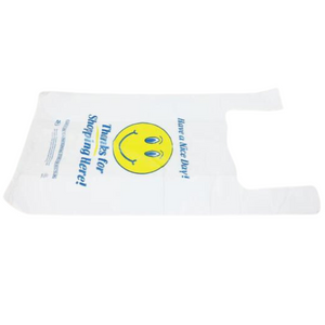White Happy Face/Smiley Face HDPE T-Shirt Bags - 1/8 BBL 10"X5"X18" - 1000 Bags - 13 microns - White - 1002218 - AssurePak