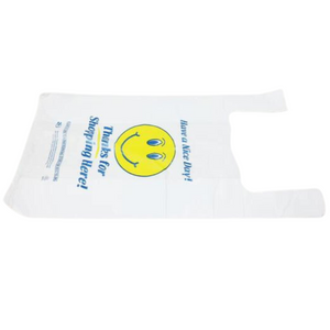 ASSUREPAK INC. - Easy Open - White Happy Face/Smiley Face HDPE T-Shirt Bags - 1/8 BBL 10"X5"X18" - 1000 Bags - 13 microns - White - 1002218-EO