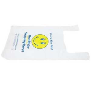 Easy Open - White Happy Face/Smiley Face HDPE T-Shirt Bags - 1/8 BBL 10"X5"X18" - 1000 Bags - 13 microns - White - 1002218-EO - AssurePak