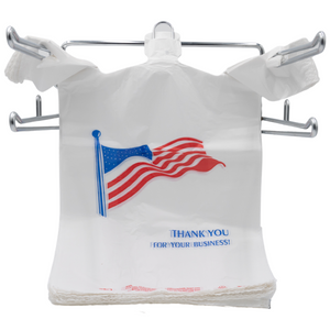 White Usa/American Flag Print HDPE T-Shirt Bags - 1/6 BBL 11.5"X6"X21" - 500 Bags - 18 microns - White - USA18M50016 - AssurePak