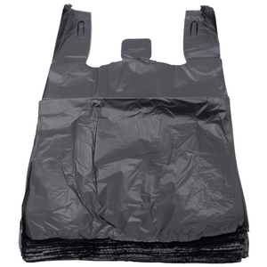Easy Open - Black Unprinted HDPE T-Shirt Bags - 1/8 BBL 10"X5"X18" - 750 Bags - 16 microns - Black - 2007530-EO - AssurePak