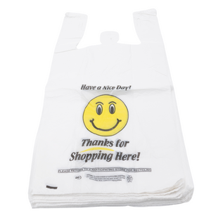 White Happy Face/Smiley Face HDPE T-Shirt Bags - Full Size - 1/6 BBL 12"X7"X22" - 400 Bags - 15 microns - White - HF1272215M - AssurePak