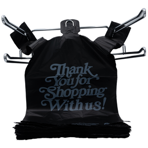 Black Printed HDPE T-Shirt Bags - 1/5 BBL 13"X10"X23" - 400 Bags - 21 microns - Black - BLK131023HDTY - AssurePak