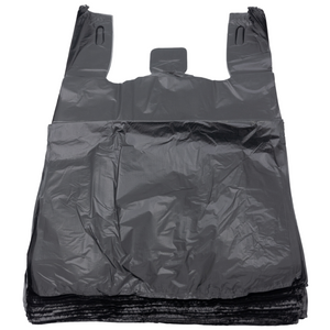 Black Unprinted HDPE T-Shirt Bags - 1/8 BBL 10"X5"X18" - 750 Bags - 16 microns - Black - 2007530 - AssurePak