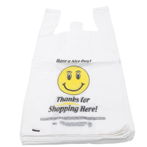 ASSUREPAK INC. - Easy Open - White Happy Face/Smiley Face HDPE T-Shirt Bags - Full Size - 1/6 BBL 12"X7"X22" - 400 Bags - 15 microns - White - HF1272215M-EO