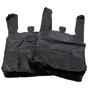 Black Unprinted HDPE T-Shirt Bags - 1/10 BBL 8"X4"X15" - 1500 Bags - 14 microns - Black - 20040 - AssurePak