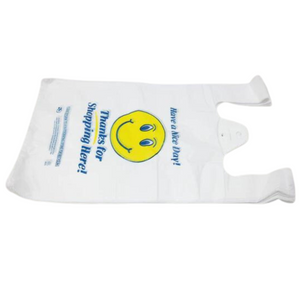 Easy Open - White Happy Face/Smiley Face HDPE T-Shirt Bags - 1/8 BBL 10"X5"X18" - 1000 Bags - 13 microns - White - 1002218-EO - AssurePak