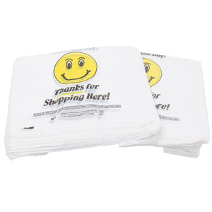 ASSUREPAK INC. - Easy Open - White Happy Face/Smiley Face HDPE T-Shirt Bags - Full Size - 1/6 BBL 12"X7"X22" - 400 Bags - 15 microns - White - HF1272215M-EO