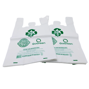 White Reusable/Eco-Friendly LDPE T-Shirt - 1/5 BBL 13"X9"X23" - 150 Bags - 57 Micron (2.25 mil) - White - WHLD40REC225REUSE1323 - AssurePak