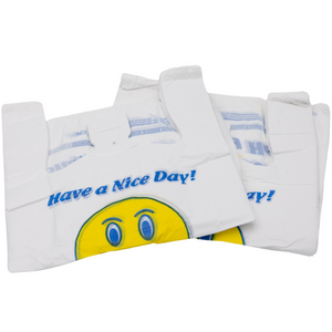 Easy Open - White Happy Face/Smiley Face HDPE T-Shirt Bags - 1/8 BBL 10"X5"X18" - 700 Bags - 16 microns - White - 10022HF-EO - AssurePak