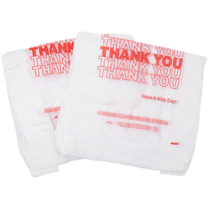 White 'Thank You' HDPE T-Shirt Bags - 1/6 BBL 11.5"X6"X21" - 800 Bags - 13 microns - White - 10010P813 - AssurePak