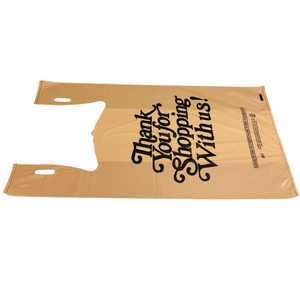 Beige Kraft Color Thank You HDPE T-Shirt Bags - 1/6 BBL 11.5"X6"X21" - 600 Bags - 18 microns - Beige - BGE161222-EO - AssurePak