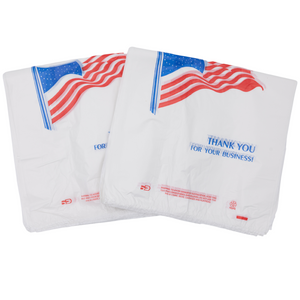 White Usa/American Flag Print HDPE T-Shirt Bags - 1/6 BBL 11.5"X6"X21" - 1000 Bags - 13 microns - White - USA13M100016 - AssurePak