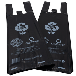 Black Reusable/Eco-Friendly LDPE T-Shirt - Single Bottle Bag 6"X4"X20" - 400 Bags - 57 Micron (2.25 mil) - Black - BLKLD40REC225REUSE6420 - AssurePak
