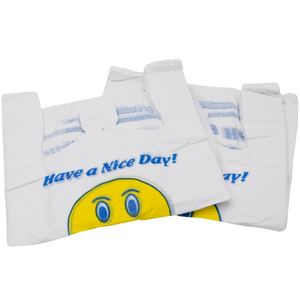 White Happy Face/Smiley Face HDPE T-Shirt Bags - 1/8 BBL 10"X5"X18" - 700 Bags - 16 microns - White - 10022HF - AssurePak