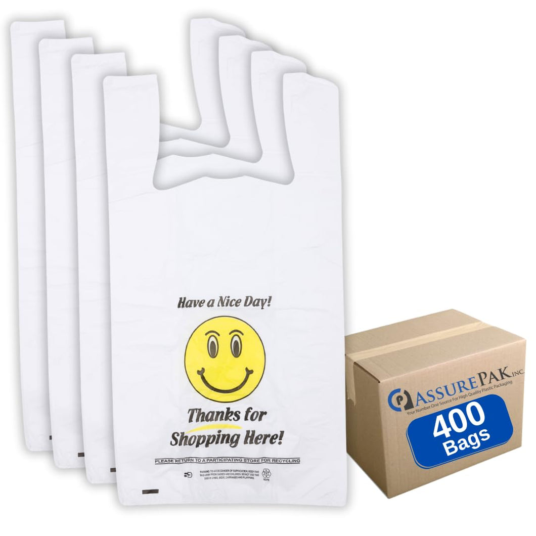 ASSUREPAK INC. - Easy Open - White Happy Face/Smiley Face HDPE T-Shirt Bags - Full Size - 1/6 BBL 12